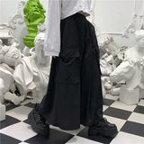 Calça casual solta feminina cargo, casal de roupas de harajuku, estilo japonês de bolsos, primavera, outono, bf, de comprimento total, preta, elástica