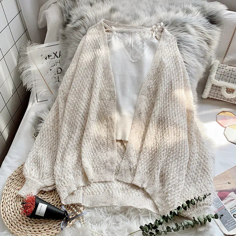 Cardigans femininos soltos de proteção solar, suéter de malha, outwear aconchegante, todos os fósforos, monocromático, Sweet Ulzzang, moda feminina, primavera