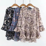 Túnica feminina elegante de babados em chiffon, blusa floral, roupas femininas, tops casuais soltos, verão, 5XL, V2183