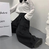 Calça casual solta feminina cargo, casal de roupas de harajuku, estilo japonês de bolsos, primavera, outono, bf, de comprimento total, preta, elástica