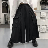 Calça casual solta feminina cargo, casal de roupas de harajuku, estilo japonês de bolsos, primavera, outono, bf, de comprimento total, preta, elástica