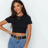 Top curto feminino, camiseta casual, streetwear sexy básico, fita, preto, branco, tops de manga curta, moda verão, 2024
