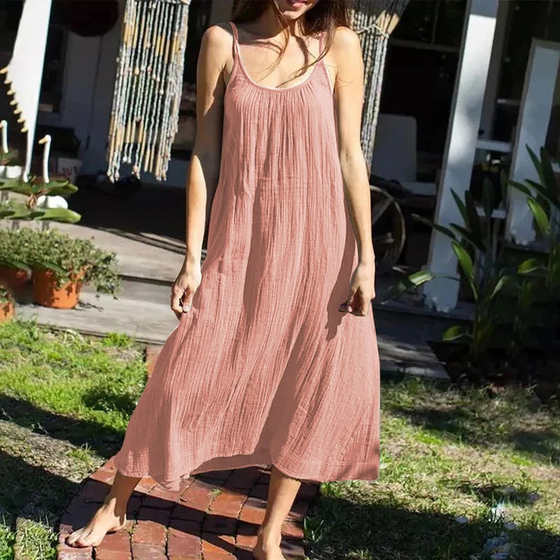 Casual 100% algodão verão vestido longo feminino solto sólido sem mangas sem costas streetwear elegante vestido feminino vestidos robe