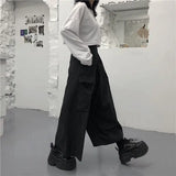 Calça casual solta feminina cargo, casal de roupas de harajuku, estilo japonês de bolsos, primavera, outono, bf, de comprimento total, preta, elástica