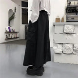 Calça casual solta feminina cargo, casal de roupas de harajuku, estilo japonês de bolsos, primavera, outono, bf, de comprimento total, preta, elástica