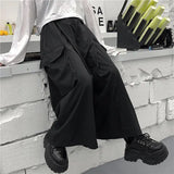 Calça casual solta feminina cargo, casal de roupas de harajuku, estilo japonês de bolsos, primavera, outono, bf, de comprimento total, preta, elástica
