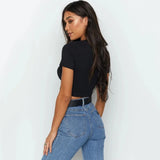 Top curto feminino, camiseta casual, streetwear sexy básico, fita, preto, branco, tops de manga curta, moda verão, 2024