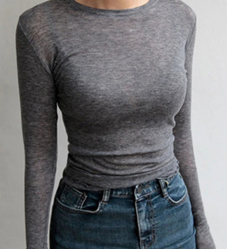 Alta qualidade simples t camisa feminina elástica básica camisetas femininas casuais topos de manga longa sexy fina camiseta ver através