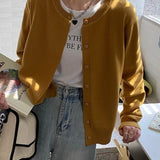 Cardigans e Suéteres Femininos 2026: Moda Coreana Casual, Quente, Primavera/Verão, Gola O, Manga Longa, Abotoamento Simples, Ajuste Slim, Tricôs e Blusas