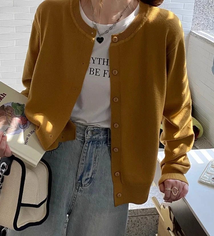Cardigans e Suéteres Femininos 2026: Moda Coreana Casual, Quente, Primavera/Verão, Gola O, Manga Longa, Abotoamento Simples, Ajuste Slim, Tricôs e Blusas