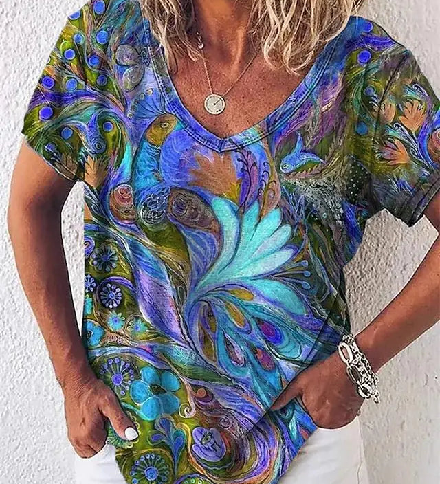 Camiseta feminina de grandes dimensões verão moda desenhada impressa casual manga curta pulôver confortável plus size camiseta roupa da moda