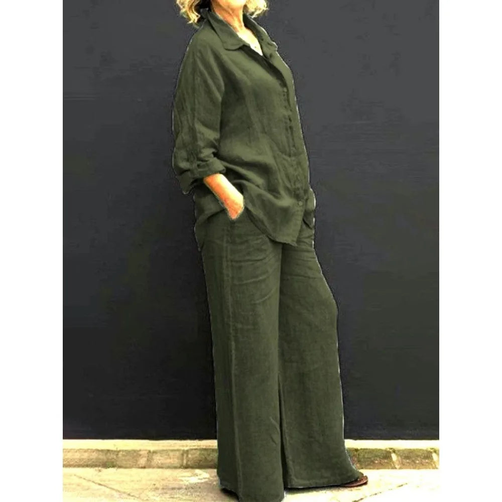 Conjunto de camisa casual feminina – roupa de escritório moderna de duas peças, blusa elegante e conjunto de calças para trabalho e uso diário
