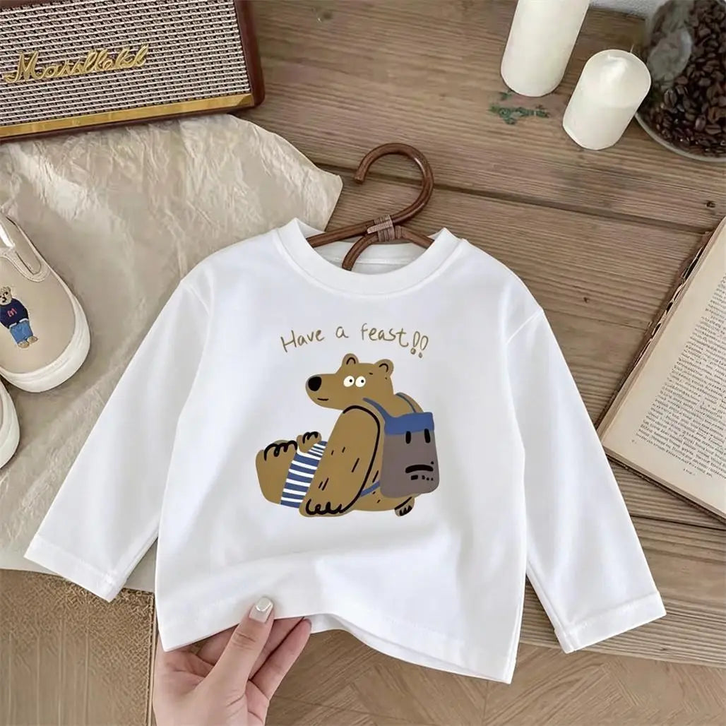 Camisetas de Manga Longa com Estampa, Camiseta Simples e Versátil, Novo Design de Camisetas de Desenho Animado, Moda Infantil, Camiseta de Gola Redonda