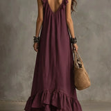 Vestido Casual Solto de Verão e Primavera, Cor Sólida, Elegante, Estilo Boêmio, Com Babados, Cintura Solta, Sem Mangas, Decote em V, Vestidos Longos