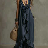 Vestido Casual Solto de Verão e Primavera, Cor Sólida, Elegante, Estilo Boêmio, Com Babados, Cintura Solta, Sem Mangas, Decote em V, Vestidos Longos