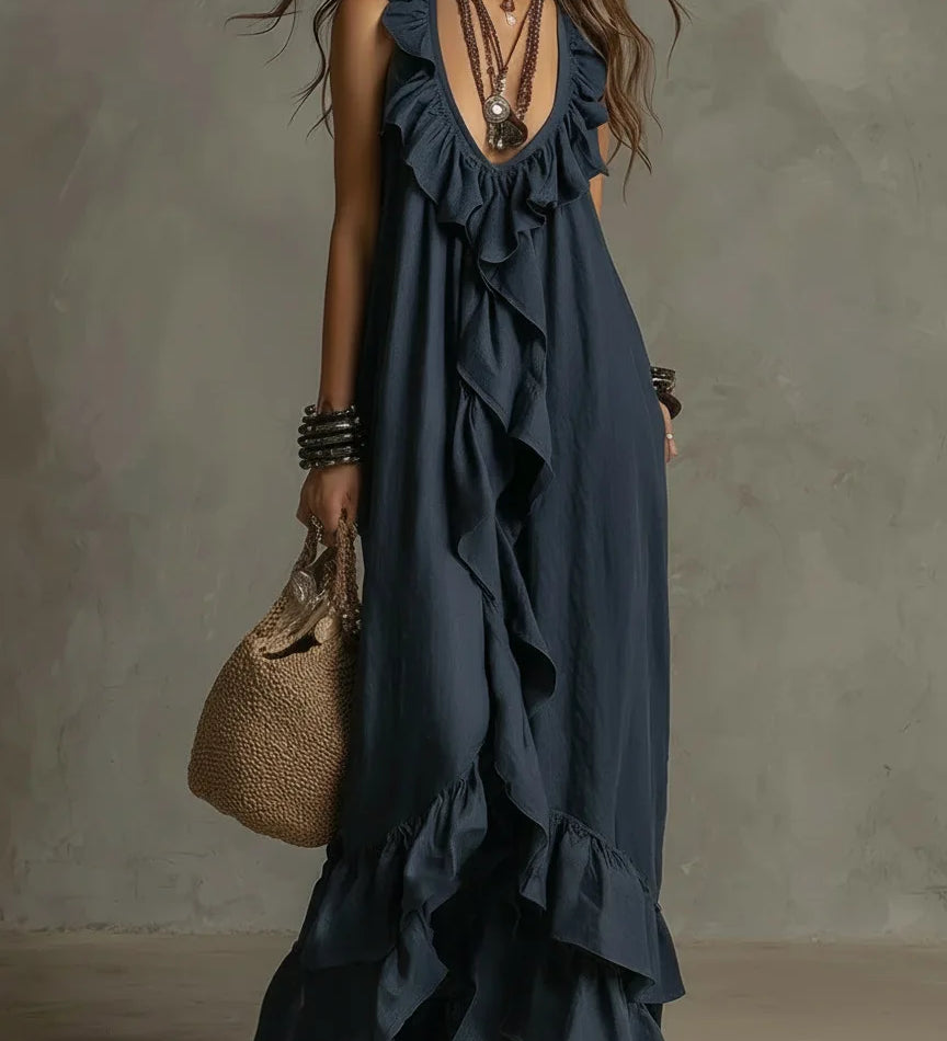 Vestido Casual Solto de Verão e Primavera, Cor Sólida, Elegante, Estilo Boêmio, Com Babados, Cintura Solta, Sem Mangas, Decote em V, Vestidos Longos
