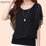 Blusas de chiffon femininas casuais manga curta batwing o pescoço moda coreana viajando elegante senhoras respirável macio elegante verão