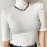 Camiseta básica feminina gola alta magro camiseta de manga curta camisetas femininas casual elasticidade branca camiseta femme mulher topo
