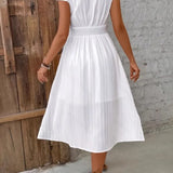 Vestido casual de renda branca para mulheres, moda manga curta, decote em v, cintura alta, vestidos soltos, elegante, festa de férias, verão