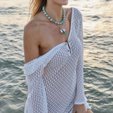 Vestido curto casual de férias, malha vazada de manga comprida para praia, estilo liso justo, moda primavera e outono