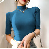 Camiseta básica feminina gola alta magro camiseta de manga curta camisetas femininas casual elasticidade branca camiseta femme mulher topo
