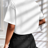 Camiseta Cropped Feminina de Malha Canelada Oversized com Ombro Caído e Manga Curta, Cor Sólida, Casual, Streetwear, para Festas de Verão e Uso Diário