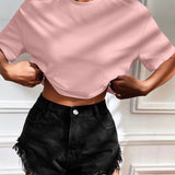 Camiseta Cropped Feminina de Malha Canelada Oversized com Ombro Caído e Manga Curta, Cor Sólida, Casual, Streetwear, para Festas de Verão e Uso Diário