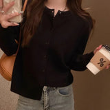 Cardigans e Suéteres Femininos 2026: Moda Coreana Casual, Quente, Primavera/Verão, Gola O, Manga Longa, Abotoamento Simples, Ajuste Slim, Tricôs e Blusas