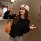 Cardigans e Suéteres Femininos 2026: Moda Coreana Casual, Quente, Primavera/Verão, Gola O, Manga Longa, Abotoamento Simples, Ajuste Slim, Tricôs e Blusas