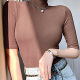 Camiseta básica feminina gola alta magro camiseta de manga curta camisetas femininas casual elasticidade branca camiseta femme mulher topo