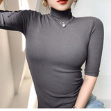 Camiseta básica feminina gola alta magro camiseta de manga curta camisetas femininas casual elasticidade branca camiseta femme mulher topo
