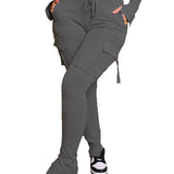 Calça de carga longa feminina, sexy slim fit, cordão casual, bolso com botões de emenda, calça reta, renda para cima, cintura elástica alta