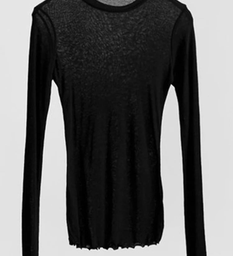 Alta qualidade simples t camisa feminina elástica básica camisetas femininas casuais topos de manga longa sexy fina camiseta ver através