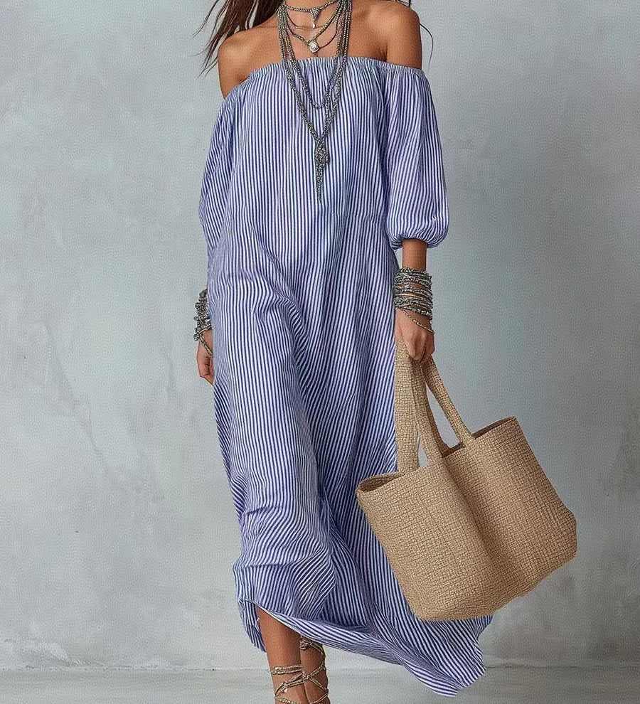 Vestidos Casuais Novos Primavera Verão Elegantes Listrados Ombro a Ombro Soltos para Férias Moda Feminina Vestido para Escritório e Festas