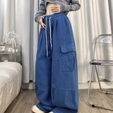 Calça japonesa de perna larga cargo, de cintura alta, solta, fina, reta, monocromática, feminina, de rua, básico, casual