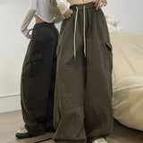 Calça japonesa de perna larga cargo, de cintura alta, solta, fina, reta, monocromática, feminina, de rua, básico, casual