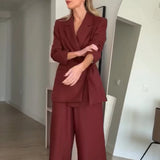 Conjuntos de blazer e calça comprida femininos ou blazer chique com cadarço para primavera ou calça casual de perna larga para mulheres.