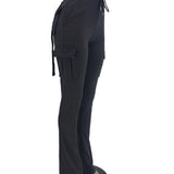 Calça de carga longa feminina, sexy slim fit, cordão casual, bolso com botões de emenda, calça reta, renda para cima, cintura elástica alta