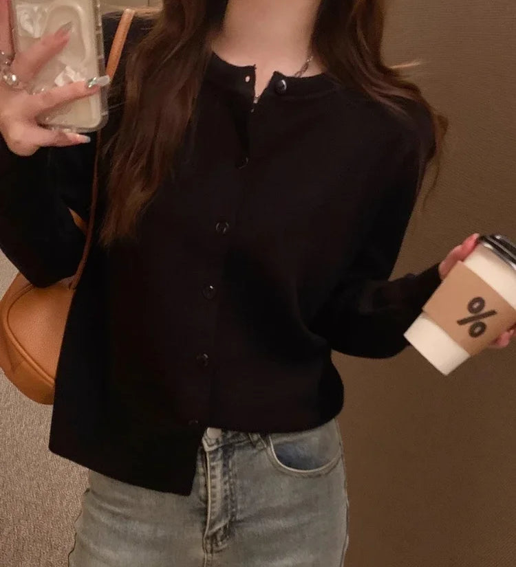 Cardigans e Suéteres Femininos 2026: Moda Coreana Casual, Quente, Primavera/Verão, Gola O, Manga Longa, Abotoamento Simples, Ajuste Slim, Tricôs e Blusas