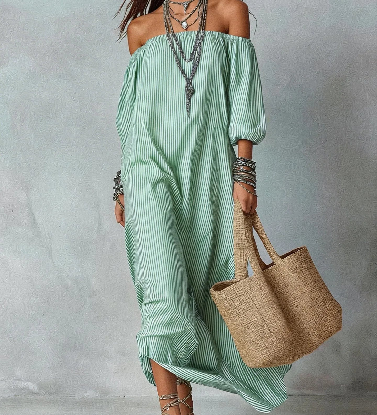Vestidos Casuais Novos Primavera Verão Elegantes Listrados Ombro a Ombro Soltos para Férias Moda Feminina Vestido para Escritório e Festas