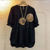 Camisetas de grandes dimensões 2025 roupas femininas o pescoço manga curta casual camisetas moda coreano dobras arco doce verão tshirt