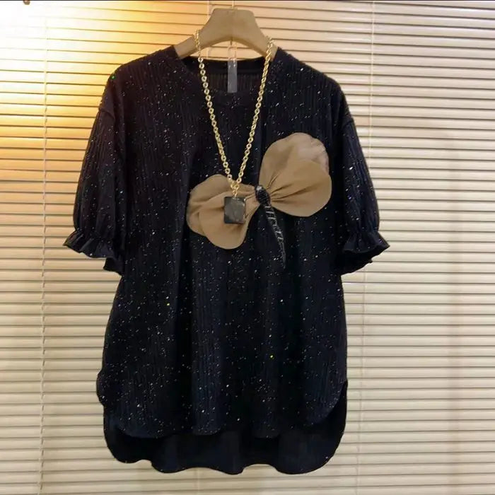 Camisetas de grandes dimensões 2025 roupas femininas o pescoço manga curta casual camisetas moda coreano dobras arco doce verão tshirt