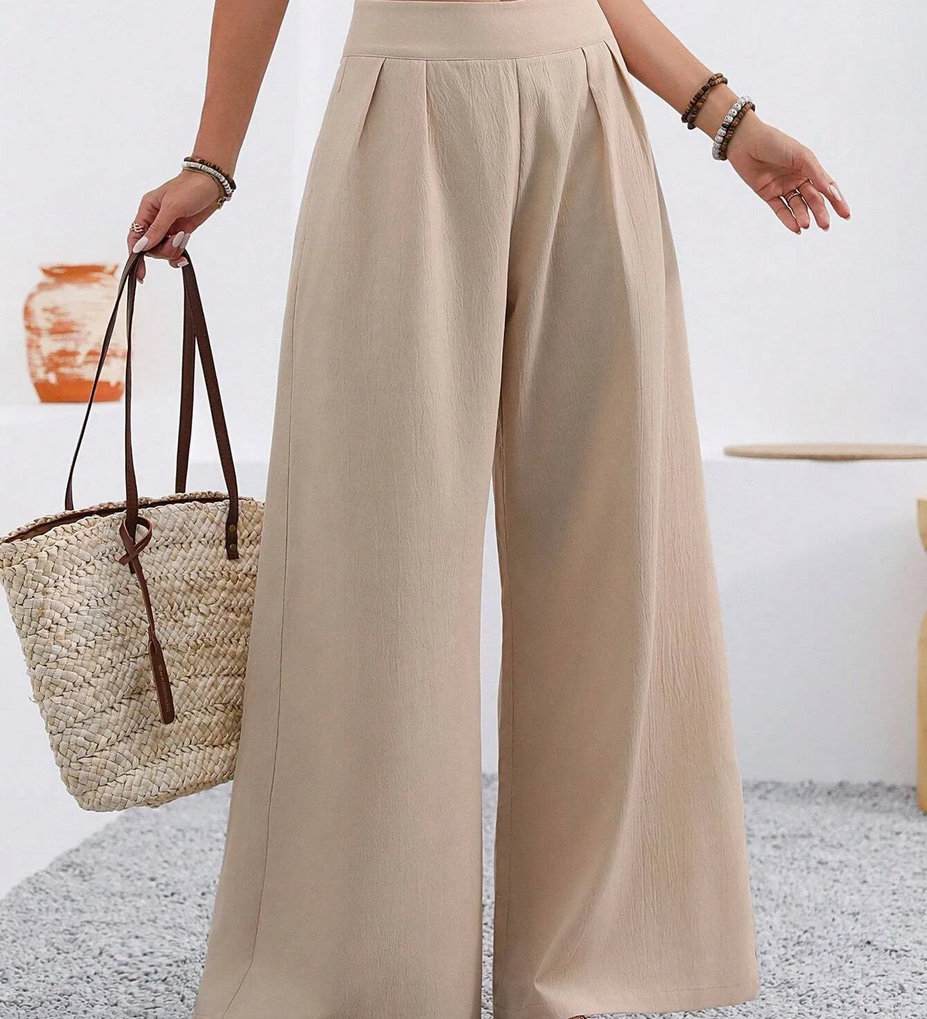 Calças femininas de cintura alta com pregas e bolsos, calças compridas casuais para o outono