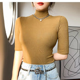 Camiseta básica feminina gola alta magro camiseta de manga curta camisetas femininas casual elasticidade branca camiseta femme mulher topo