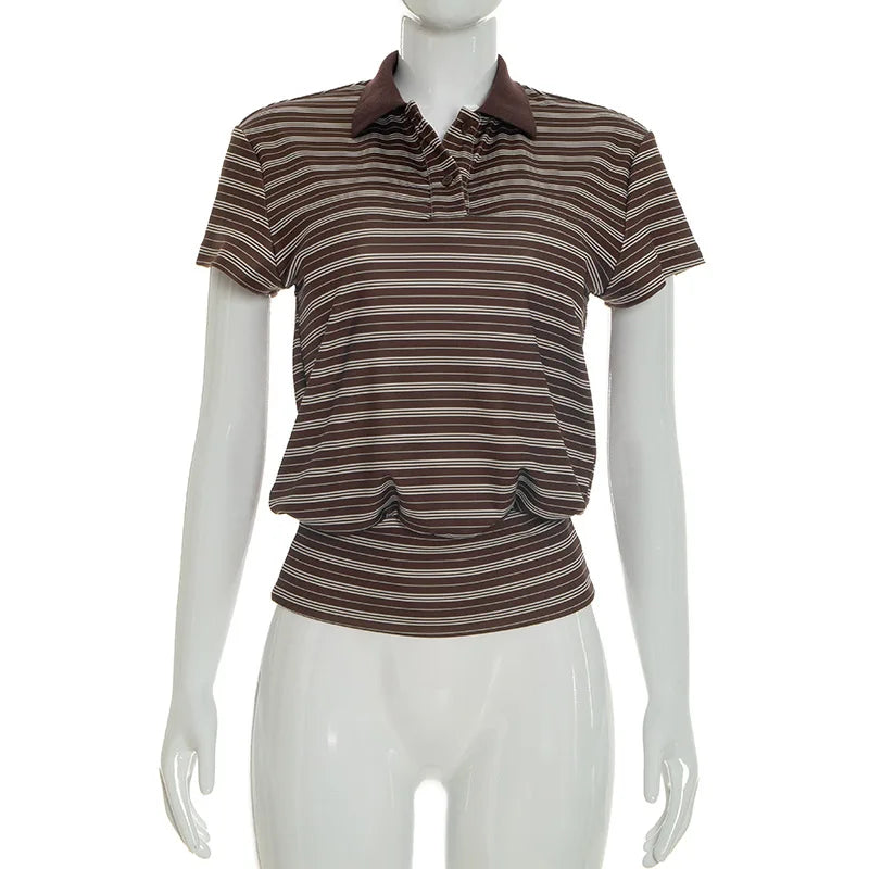 Camisetas Casuais com Estampa Listrada para Mulheres, Moda de Verão, Camiseta de Manga Curta com Gola, Look de Streetwear Feminino para Férias na Praia