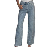 Calças de brim retas para mulheres calças de diamantes estiramento cintura alta lavado bolsos angustiados vintage denims streetwear calças femininas