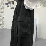 Calça casual solta feminina cargo, casal de roupas de harajuku, estilo japonês de bolsos, primavera, outono, bf, de comprimento total, preta, elástica