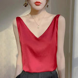 Regatas para mulheres sem mangas com decote em v cetim seda camisola moda verão sólido solto colete senhoras topos streetwear