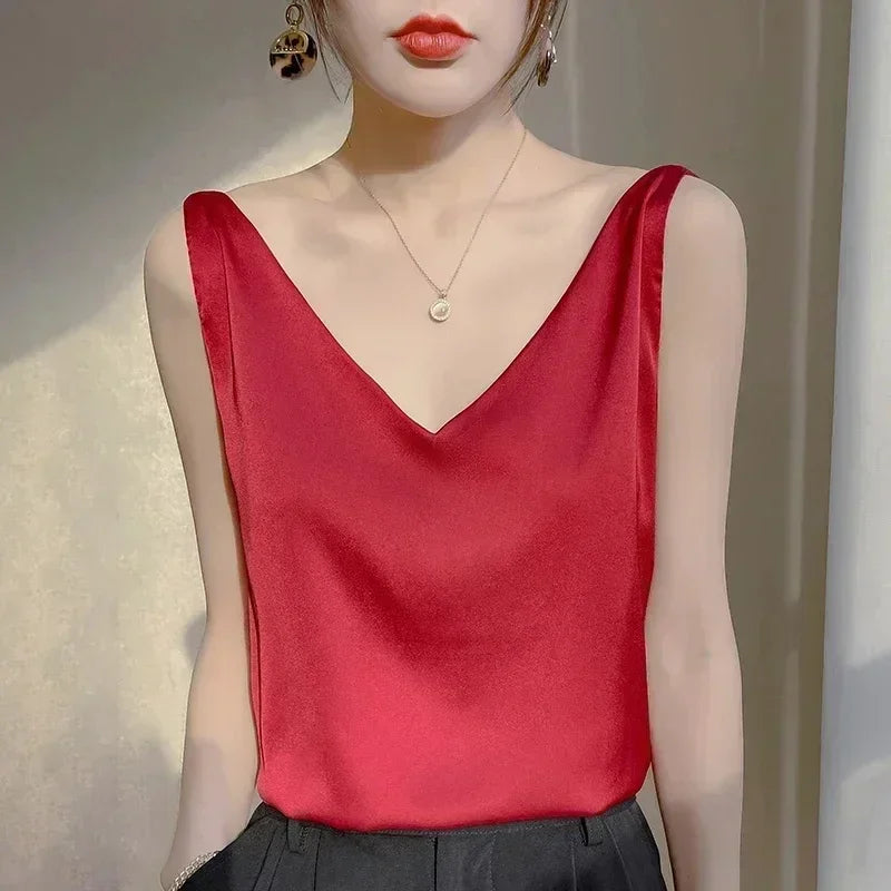 Regatas para mulheres sem mangas com decote em v cetim seda camisola moda verão sólido solto colete senhoras topos streetwear