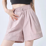 Shorts Casuais Femininos de Perna Larga para o Verão, Finos, Modelo A-line, Calças de Moletom com Cordão, Macacão Curto Feminino da Moda